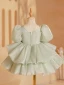 Fashion Sage Green Cascading Ruffles Beading Pearl Sequins Birthday Flower Girl Dresses 2023 Ball Gown Scoop Neck Bow Puffy Short Sleeve Short Backless
