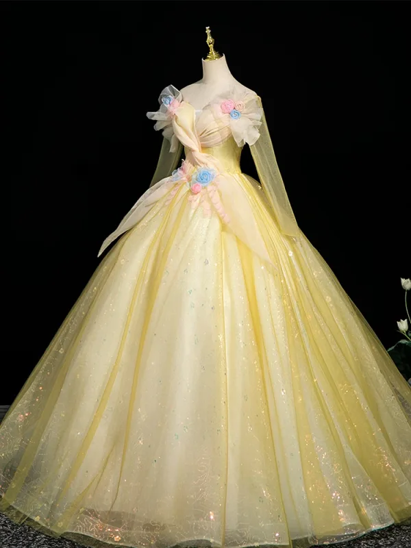 Chic / Beautiful Yellow Appliques Sequins Prom Dresses 2025 Ball Gown Off-The-Shoulder Long Sleeve Backless Floor-Length / Long Formal Dresses
