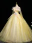 Chic / Beautiful Yellow Appliques Sequins Prom Dresses 2025 Ball Gown Off-The-Shoulder Long Sleeve Backless Floor-Length / Long Formal Dresses