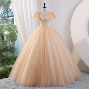 Élégant Champagne Perlage Paillettes Robe De Bal 2023 Robe Boule V Cou Manches Courtes Dos Nu Longue Promo Robe De Ceremonie