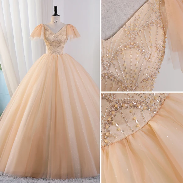 Elegant Champagne Beading Sequins Prom Dresses 2023 Ball Gown V-Neck Short Sleeve Backless Floor-Length / Long Prom Formal Dresses