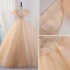 Elegant Champagne Beading Sequins Prom Dresses 2023 Ball Gown V-Neck Short Sleeve Backless Floor-Length / Long Prom Formal Dresses