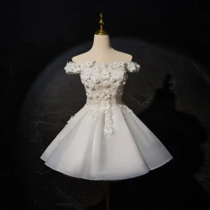 Charming White Pearl Rhinestone Lace Flower Appliques Short Mini Wedding Dresses 2024 Off The Shoulder Sleeveless Backless Short Wedding Dresses