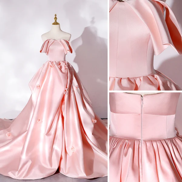High-end Fashion Candy Pink Satin Cascading Ruffles Prom Dresses 2022 Strapless Sleeveless Backless Royal Train Prom Formal Dresses