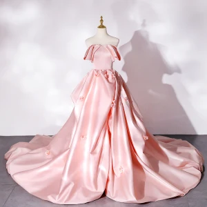 High End Mote Sukkertøyrosa Satin Gripende Ruffles Ballkjoler 2022 Strapless Uten Ermer Ryggløse Royal Train Ball Formelle Kjoler