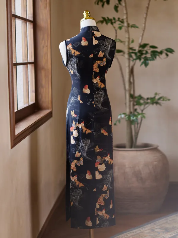 Chinese style Black Butterfly Printing Summer Tea-length Cheongsam 2024 Trumpet / Mermaid High Neck Sleeveless