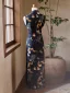 Chinese style Black Butterfly Printing Summer Tea-length Cheongsam 2024 Trumpet / Mermaid High Neck Sleeveless