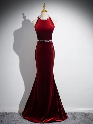 Charmant Bordeaux Faux Diamant Velours Robe De Soirée 2024 Trompette Sirène Titulaire Sans Manches Dos Nu Noeud Longue Soirée Robe De Ceremonie