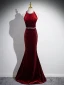 Charming Burgundy Rhinestone Velvet Evening Dresses 2024 Trumpet / Mermaid Halter Sleeveless Backless Bow Floor-Length / Long Evening Party Formal Dresses