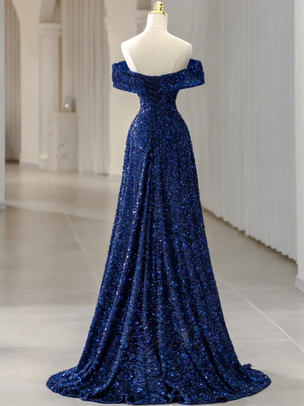 Charmant Bleu Roi Paillettes Robe De Soirée 2023 Princesse De l'épaule Sans Manches Dos Nu Longue Soirée Robe De Ceremonie