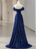 Charming Royal Blue Sequins Evening Dresses 2023 A-Line / Princess Off-The-Shoulder Sleeveless Backless Floor-Length / Long Evening Party Formal Dresses