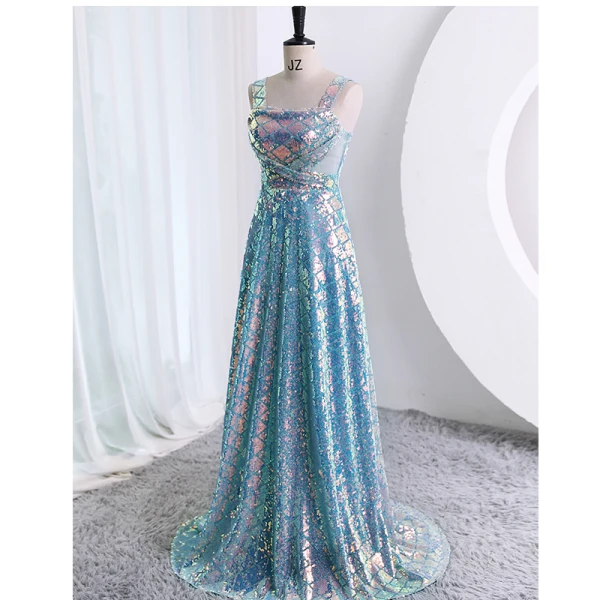 Glitzernden Himmelblau Pailletten Ballkleider 2023 A Linie Eckiger Ausschnitt Ärmellos Rückenfreies Sweep / Pinsel Zug Ball Festliche Kleider