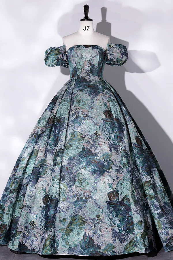 Vintage / Retro Multi-Colors Printing Satin Prom Dresses 2022 Ball Gown Strapless Short Sleeve Backless Floor-Length / Long Formal Dresses