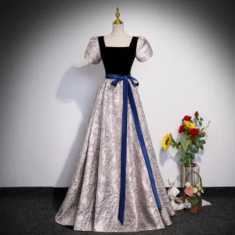 Chic Belle Noire Robe De Bal 2023 Princesse Encolure Carrée Manches Courtes Dos Nu Noeud Ceinture Longue Robe De Ceremonie