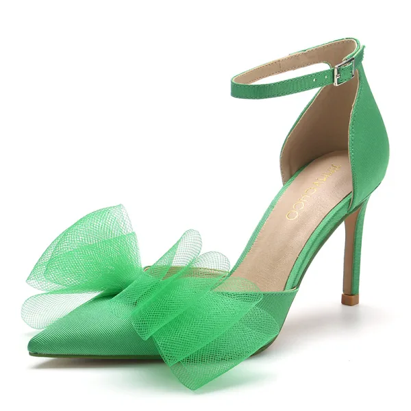 Chic / Beautiful Green Prom Bow Womens Shoes 2023 Ankle Strap 8 cm Stiletto Heels Pointed Toe High Heels