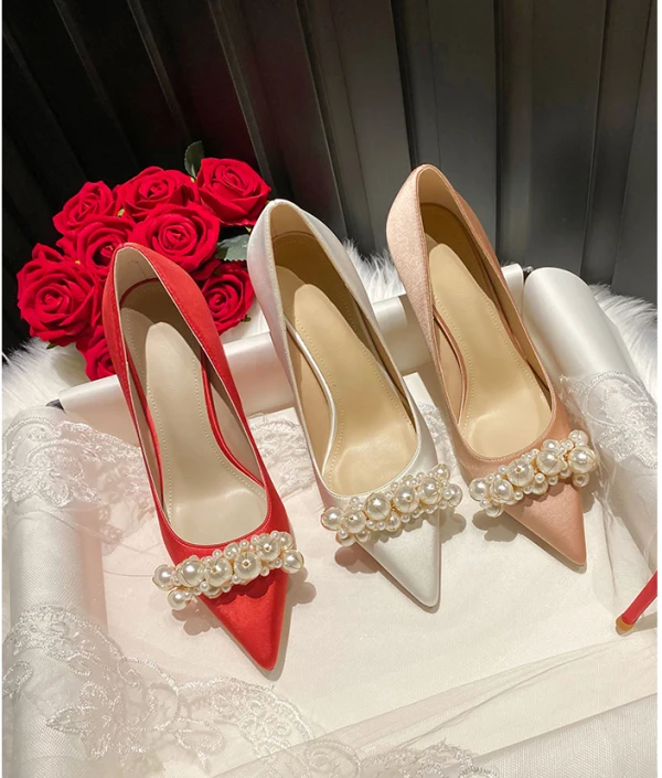 Chic / Beautiful Champagne Pearl Wedding Shoes 2023 Leather 10 cm Stiletto Heels Pointed Toe Wedding Pumps High Heels