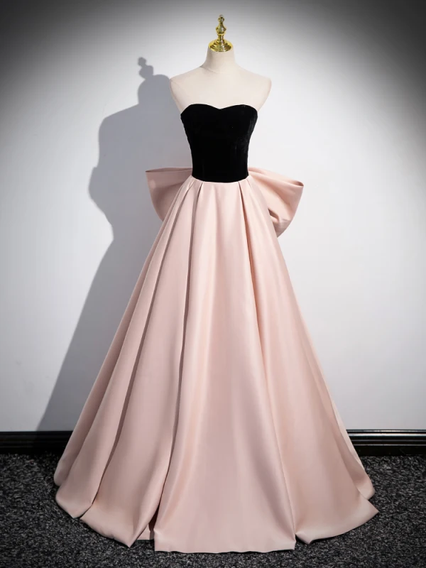 Chic / Beautiful Blushing Pink Satin Prom Dresses 2024 Ball Gown Off-The-Shoulder Short Sleeve Backless Bow Floor-Length / Long Prom Formal Dresses