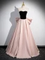 Chic / Beautiful Blushing Pink Satin Prom Dresses 2024 Ball Gown Off-The-Shoulder Short Sleeve Backless Bow Floor-Length / Long Prom Formal Dresses