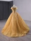 Elegant Gold Beading Sequins Prom Dresses 2024 Ball Gown Off-The-Shoulder Sleeveless Backless Sweep Train Prom Formal Dresses