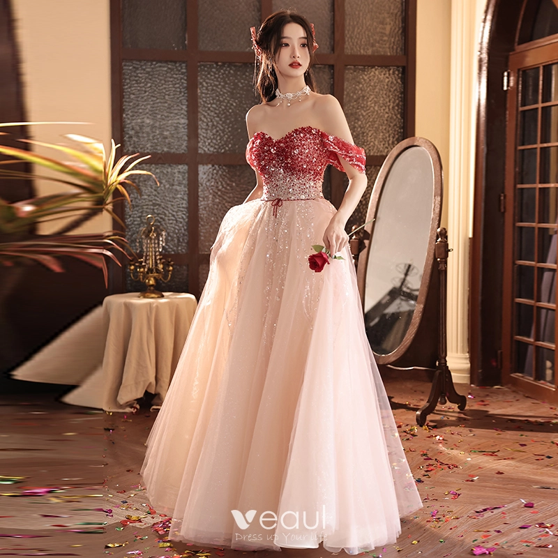 Charming Burgundy Beading Sequins Evening Dresses 2023 A-Line / Princess  Off-The-Shoulder Rhinestone Sash Short Sleeve Backless Floor-Length / Long  Evening Party Formal Dresses