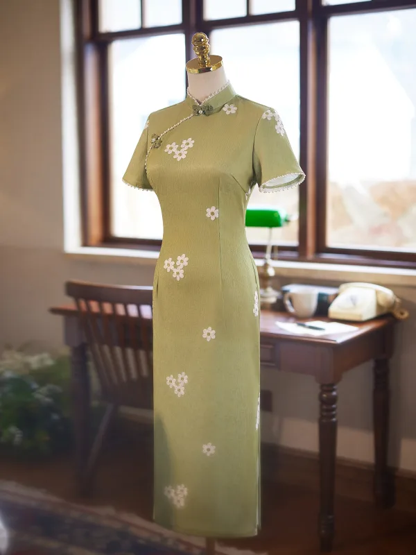 Chinese style Sage Green Floral Evening Party Cheongsam 2025 Trumpet / Mermaid High Neck Short Sleeve Floor-Length / Long Cheongsam / Qipao