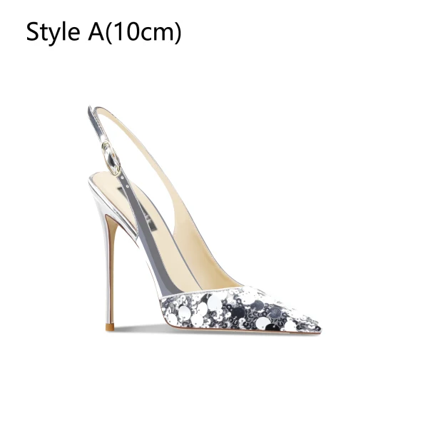 Sexy Silber Pailletten Sandalen Damen 2024 Leder Hochzeit 10 cm Stilettos Spitzschuh Sandaletten Hochhackige