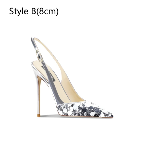 Sexy Silber Pailletten Sandalen Damen 2024 Leder Hochzeit 10 cm Stilettos Spitzschuh Sandaletten Hochhackige