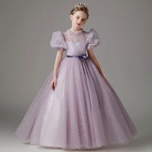 Chic Beautiful Purple Rhinestone Sequins Bow Sash Birthday Flower Girl Dresses 2025 Ball Gown Scoop Neck Short Sleeve Floor Length Long Flower Girl Dresses