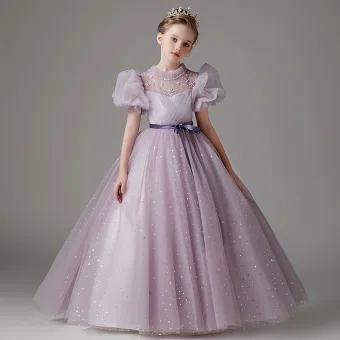 Chic Belle Violet Faux Diamant Paillettes Noeud Ceinture Anniversaire Robe Ceremonie Fille 2025 Robe Boule Encolure Dégagée Manches Courtes Longue Robe Ceremonie Fille