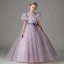 Chic / Beautiful Purple Rhinestone Sequins Bow Sash Birthday Flower Girl Dresses 2025 Ball Gown Scoop Neck Short Sleeve Floor-Length / Long Flower Girl Dresses