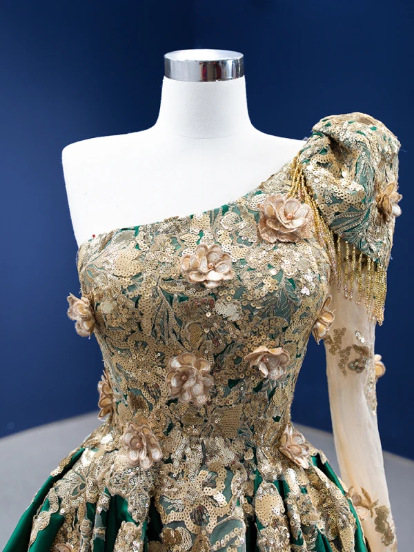 High-end Dark Green Beading Pearl Sequins Lace Flower Prom Dresses 2022 A-Line / Princess Satin One-Shoulder Long Sleeve Backless Sweep Train Prom