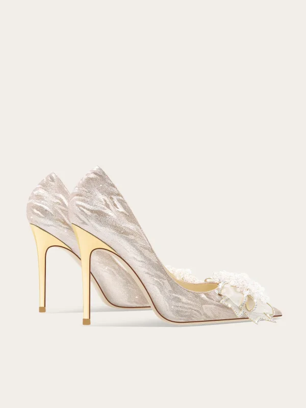 Charming Champagne Sequins Pearl Rhinestone Bow Wedding Shoes 2026 Leather 10 cm Stiletto Heels Pointed Toe Wedding Pumps High Heels