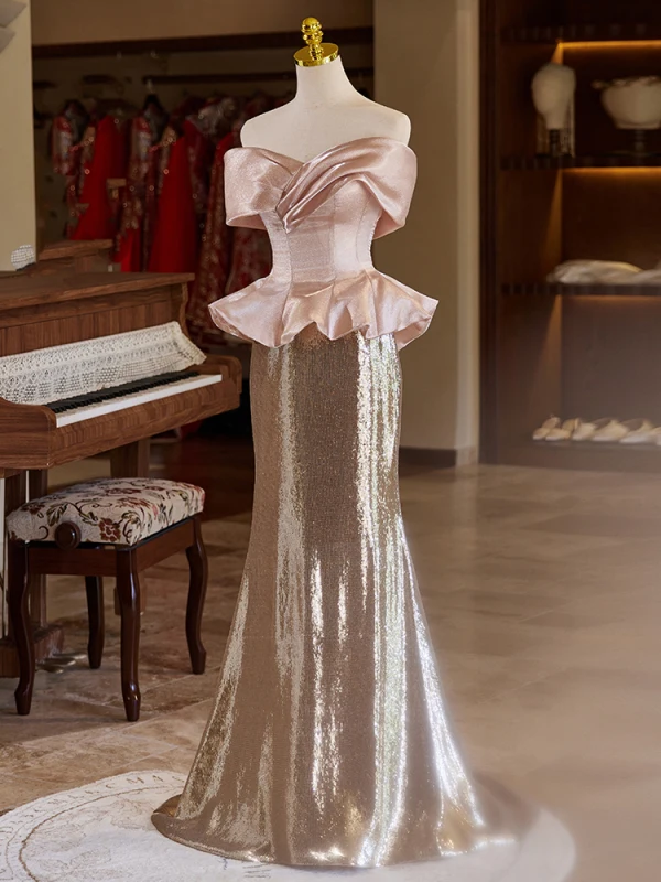 Charmant Zwei Töne Rosa Pailletten Ballkleider 2024 Meerjungfrau Off Shoulder Kurze Ärmel Rückenfreies Sweep / Pinsel Zug Ball Festliche Kleider
