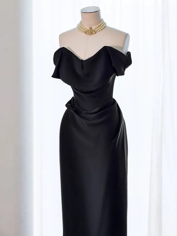 Modest / Simple Black Satin Evening Dresses 2024 Trumpet / Mermaid Strapless Sleeveless Backless Floor-Length / Long Evening Party Formal Dresses
