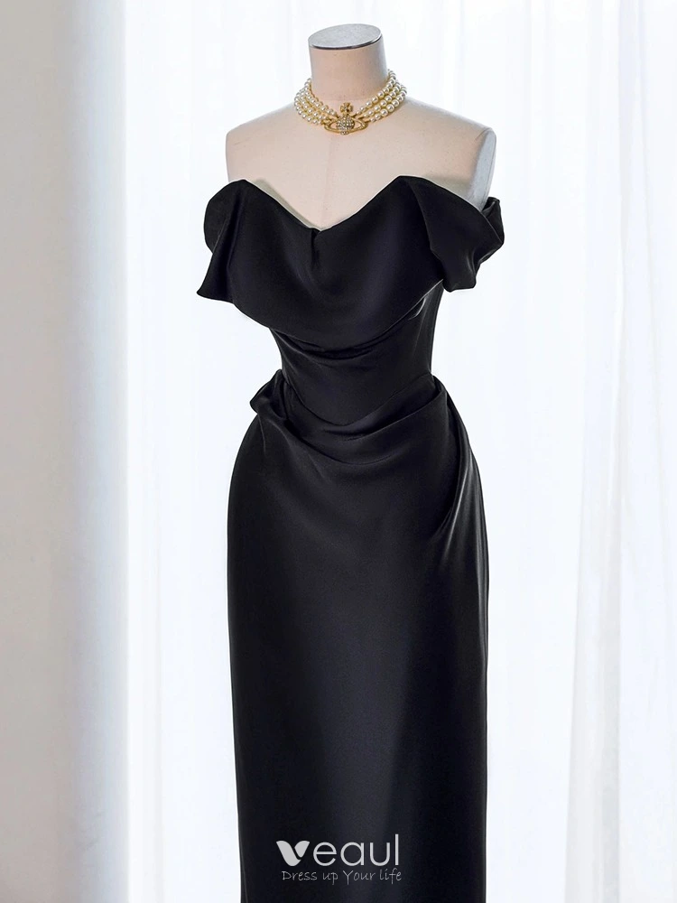 Modest Simple Black Satin Evening Dresses 2024 Trumpet Mermaid Strapless  Sleeveless Backless Floor Length Long Evening Party Formal Dresses