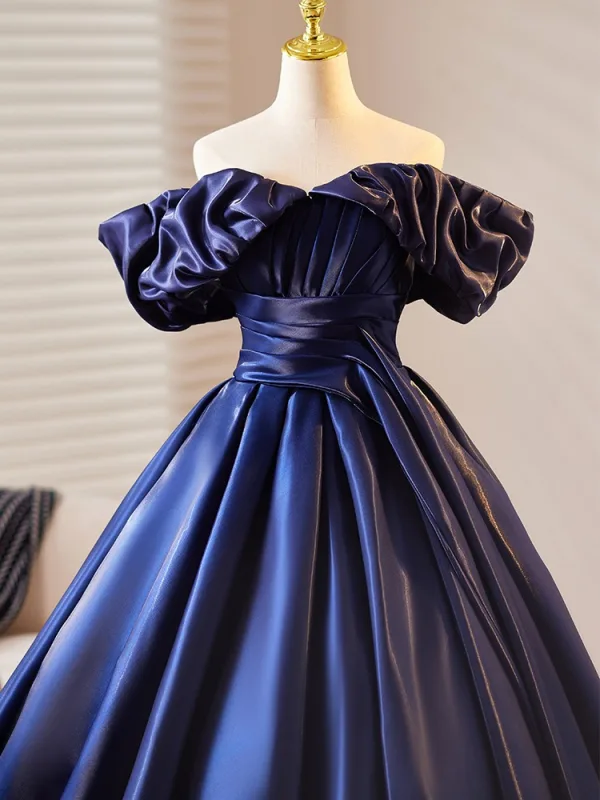 Vintage / Retro Navy Blue Satin Prom Dresses 2025 Ball Gown Off-The-Shoulder Short Sleeve Backless Floor-Length / Long Prom Formal Dresses