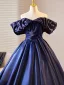 Vintage / Retro Navy Blue Satin Prom Dresses 2025 Ball Gown Off-The-Shoulder Short Sleeve Backless Floor-Length / Long Prom Formal Dresses