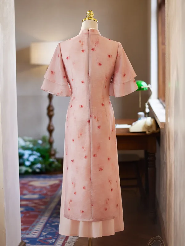 Chinese style Blushing Pink Printing Evening Party Cheongsam 2025 Trumpet / Mermaid High Neck Short Sleeve Floor-Length / Long