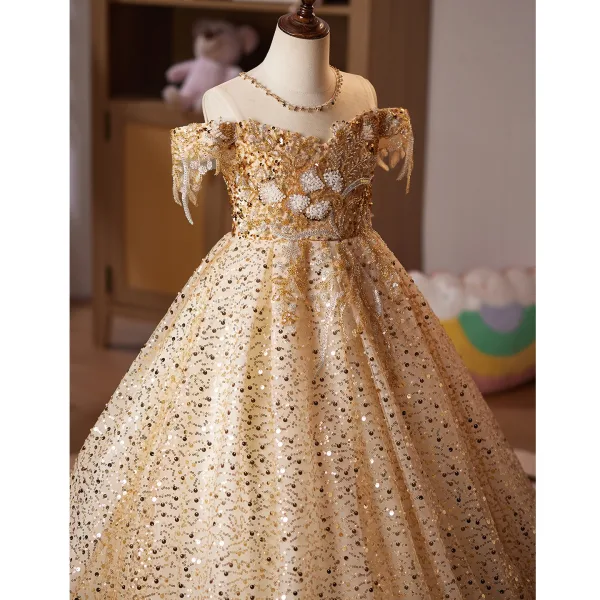 Sparkly Gold Beading Sequins Birthday Flower Girl Dresses 2025 Ball Gown Scoop Neck Short Sleeve Backless Floor-Length / Long Tulle