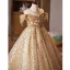Sparkly Gold Beading Sequins Birthday Flower Girl Dresses 2025 Ball Gown Scoop Neck Short Sleeve Backless Floor-Length / Long Tulle