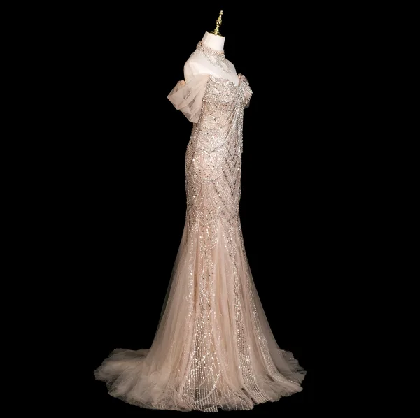 Luxe Scintillantes Champagne Perlage Faux Diamant Paillettes Robe De Soirée 2025 Trompette / Sirène Bustier Sans Manches Dos Nu Train De Balayage Soirée Robe De Ceremonie