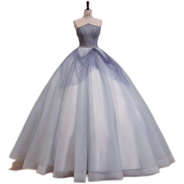 Charming Sky Blue Beading Pearl Sequins Prom Dresses 2022 Ball Gown Sleeveless Backless Floor-Length / Long Strapless Formal Dresses