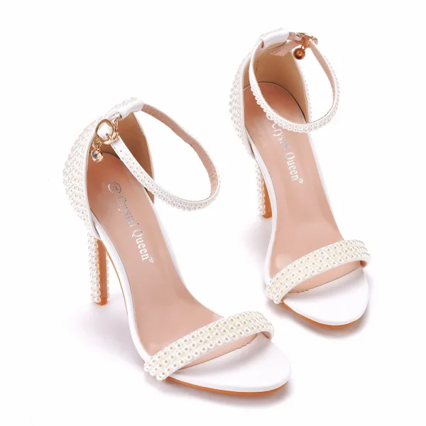 Sexy White Pearl Wedding Shoes 2022 9 cm Stiletto Heels Ankle Strap Open / Peep Toe Wedding Sandals High Heels