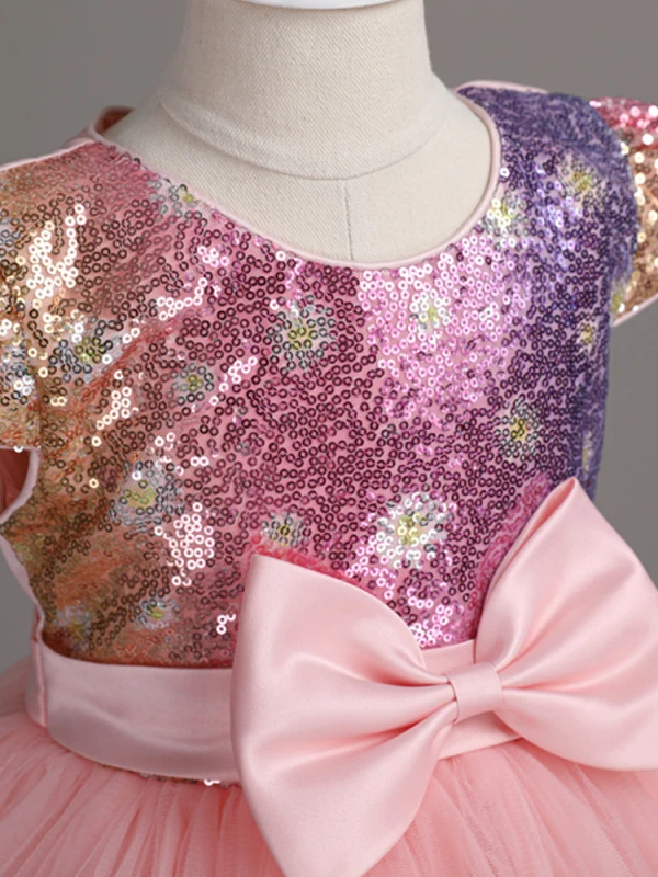 Chic / Beautiful Candy Pink Sequins Bow Sash Asymmetrical Birthday Flower Girl Dresses 2024 Ball Gown Scoop Neck Short Sleeve