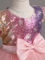 Chic / Beautiful Candy Pink Sequins Bow Sash Asymmetrical Birthday Flower Girl Dresses 2024 Ball Gown Scoop Neck Short Sleeve