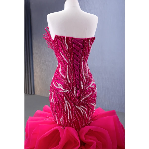 High-end Fuchsia Handmade  Beading Pearl Sequins Cascading Ruffles Prom Dresses 2023 Trumpet / Mermaid Strapless Sleeveless Backless Royal Train Prom Formal Dresses