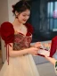 Vintage / Retro Burgundy Embroidered Prom Dresses 2022 A-Line / Princess Square Neckline Short Sleeve Backless Floor-Length / Long Prom Formal Dresses