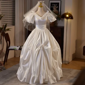 Vintage Originale Ivoire Appliques Satin Robe De Mariée 2024 Robe Boule V Cou Gonflée Manches Courtes Dos Nu Longue Mariage