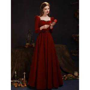 Elegant Burgundy Beading Rhinestone Prom Dresses 2023 A Line Princess Square Neckline 3 4 Sleeve Backless Bow Floor Length Long Prom Formal Dresses