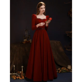 Elegant Burgundy Beading Rhinestone Prom Dresses 2023 A Line Princess Square Neckline 3 4 Sleeve Backless Bow Floor Length Long Prom Formal Dresses